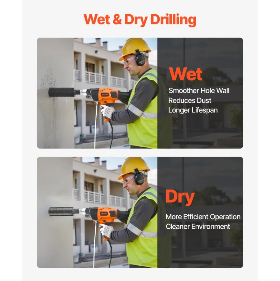 VEVOR Diamond Core Drilling Machine, 0.8-6.3 in Drilling Diameter, Handheld Dry and Wet Concrete Core Drill Rig with 4 Drill Bits, 0-1800RPM Variable Speed, UNC1 1/4-7, for Concrete Brick Stone, 2000W