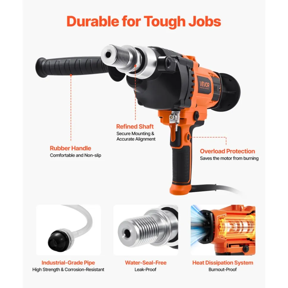 VEVOR Diamond Core Drilling Machine, 0.8-6.3 in Drilling Diameter, Handheld Dry and Wet Concrete Core Drill Rig with 4 Drill Bits, 0-1800RPM Variable Speed, UNC1 1/4-7, for Concrete Brick Stone, 2000W
