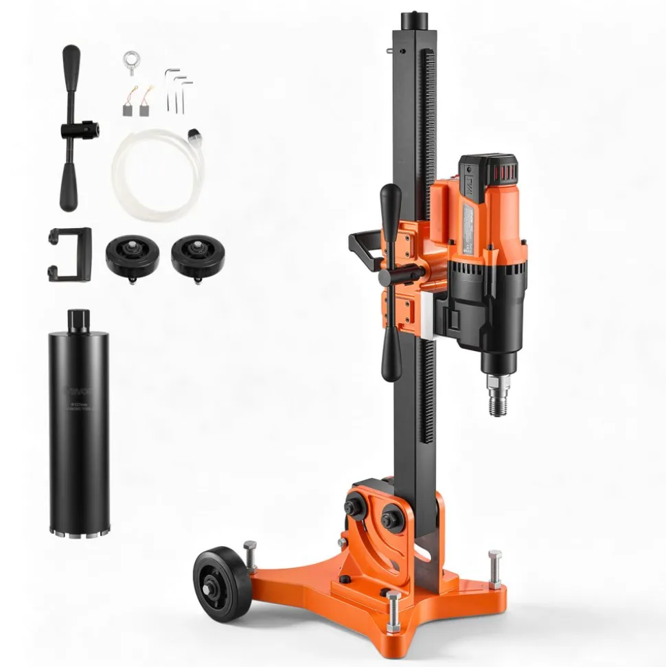 VEVOR Diamond Core Drilling Machine, 0.8-12 in Drilling Capacity, Dry/Wet Concrete Core Drill Rig with 5 in Wet Drill Bit, Tiltable Stand & Wheeled Base, 3200W 800RPM/430RPM, UNC1 1/4–7 Thread