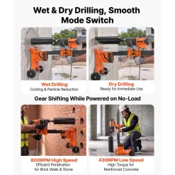 VEVOR Diamond Core Drilling Machine, 0.8-12 in Drilling Capacity, Dry/Wet Concrete Core Drill Rig with 5 in Wet Drill Bit, Tiltable Stand & Wheeled Base, 3200W 800RPM/430RPM, UNC1 1/4–7 Thread
