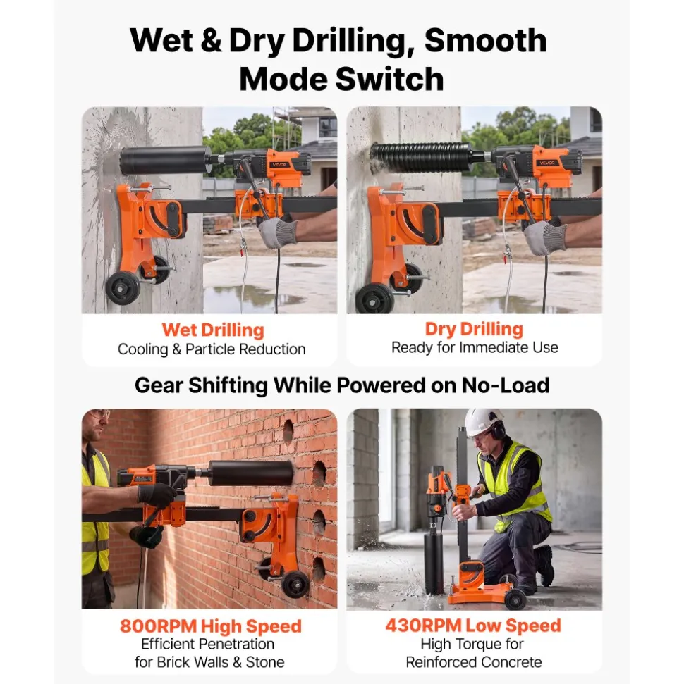 VEVOR Diamond Core Drilling Machine, 0.8-12 in Drilling Capacity, Dry/Wet Concrete Core Drill Rig with 5 in Wet Drill Bit, Tiltable Stand & Wheeled Base, 3200W 800RPM/430RPM, UNC1 1/4–7 Thread