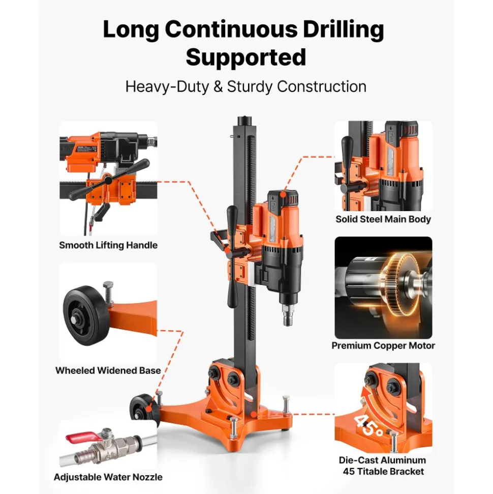 VEVOR Diamond Core Drilling Machine, 0.8-12 in Drilling Capacity, Dry/Wet Concrete Core Drill Rig with 5 in Wet Drill Bit, Tiltable Stand & Wheeled Base, 3200W 800RPM/430RPM, UNC1 1/4–7 Thread