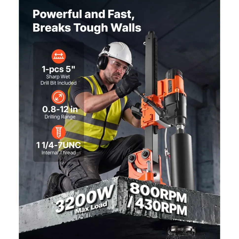 VEVOR Diamond Core Drilling Machine, 0.8-12 in Drilling Capacity, Dry/Wet Concrete Core Drill Rig with 5 in Wet Drill Bit, Tiltable Stand & Wheeled Base, 3200W 800RPM/430RPM, UNC1 1/4–7 Thread