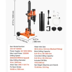 VEVOR Diamond Core Drilling Machine, 0.8-12 in Drilling Capacity, Dry/Wet Concrete Core Drill Rig with 5 in Wet Drill Bit, Tiltable Stand & Wheeled Base, 3200W 800RPM/430RPM, UNC1 1/4–7 Thread
