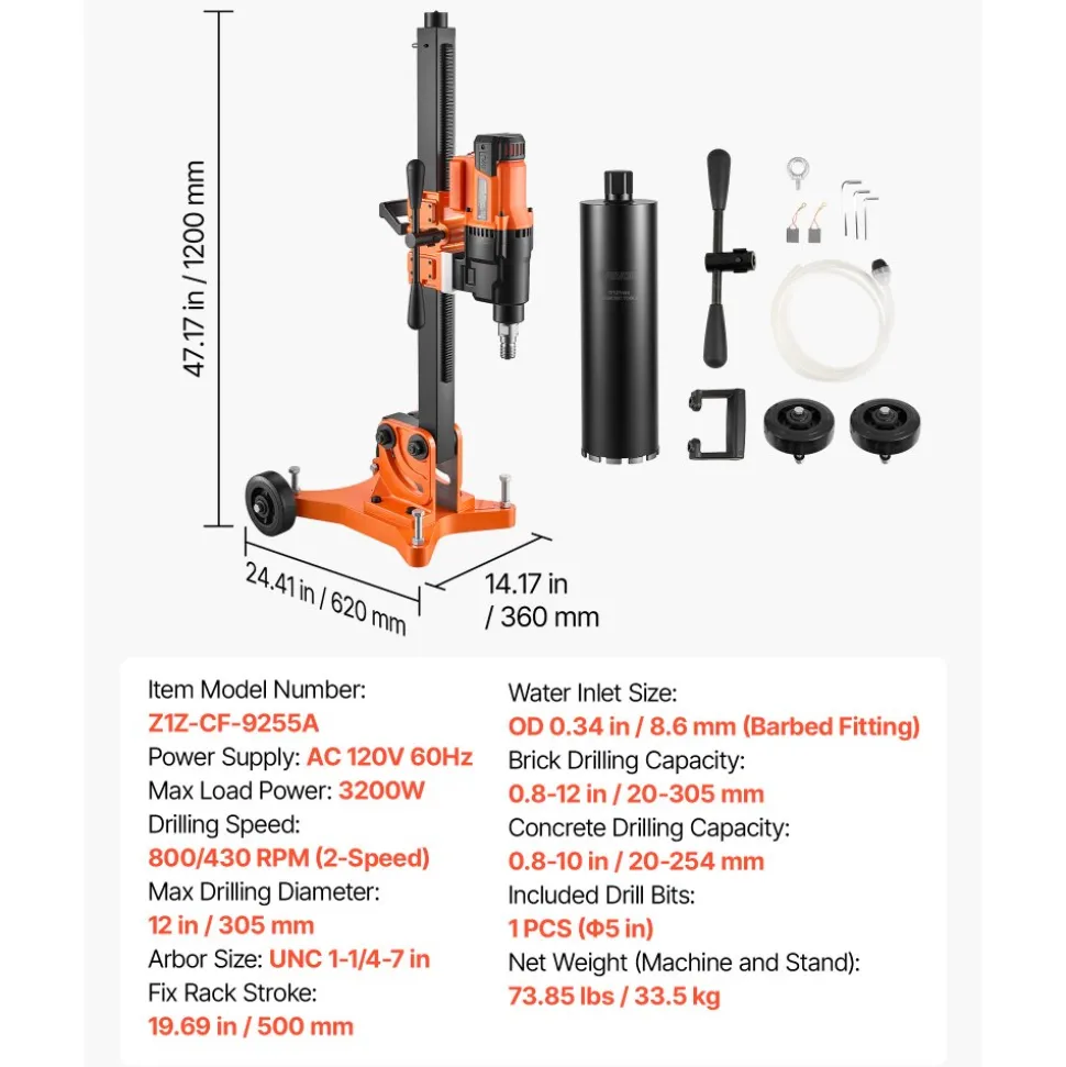 VEVOR Diamond Core Drilling Machine, 0.8-12 in Drilling Capacity, Dry/Wet Concrete Core Drill Rig with 5 in Wet Drill Bit, Tiltable Stand & Wheeled Base, 3200W 800RPM/430RPM, UNC1 1/4–7 Thread