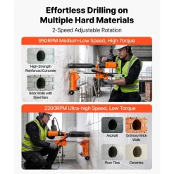 VEVOR Diamond Core Drilling Machine, Max 8" Drilling Capacity, 2-in-1 Handheld/Stand-Mount Dry and Wet Concrete Core Drill Rig with 4 Drill Bits, Rolling Wheeled Base, 1500W 2-Speed 950RPM/2200RPM