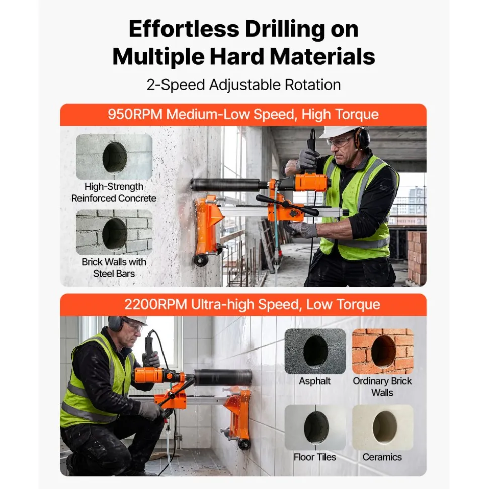 VEVOR Diamond Core Drilling Machine, Max 8" Drilling Capacity, 2-in-1 Handheld/Stand-Mount Dry and Wet Concrete Core Drill Rig with 4 Drill Bits, Rolling Wheeled Base, 1500W 2-Speed 950RPM/2200RPM