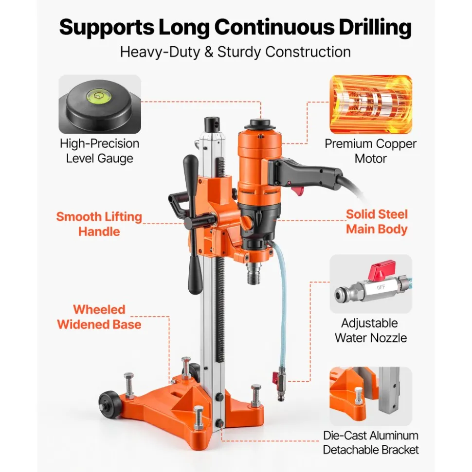 VEVOR Diamond Core Drilling Machine, Max 8" Drilling Capacity, 2-in-1 Handheld/Stand-Mount Dry and Wet Concrete Core Drill Rig with 4 Drill Bits, Rolling Wheeled Base, 1500W 2-Speed 950RPM/2200RPM