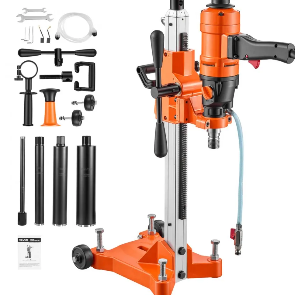 VEVOR Diamond Core Drilling Machine, Max 8" Drilling Capacity, 2-in-1 Handheld/Stand-Mount Dry and Wet Concrete Core Drill Rig with 4 Drill Bits, Rolling Wheeled Base, 1500W 2-Speed 950RPM/2200RPM