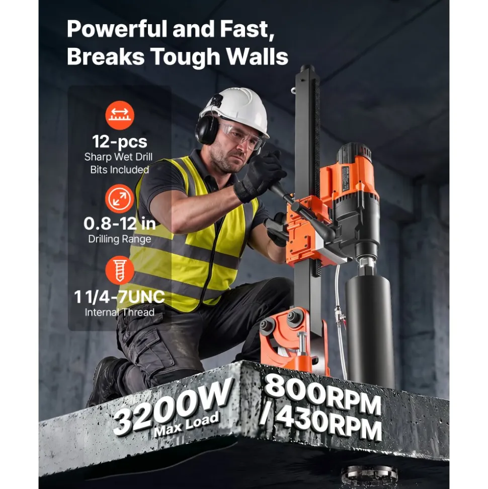 VEVOR Diamond Core Drilling Machine, 0.8-12 in Drilling Capacity, Dry/Wet Concrete Core Drill Rig with 12 Drill Bits, Tiltable Stand & Wheeled Base, 3200W 800RPM/430RPM, UNC1 1/4–7 Thread