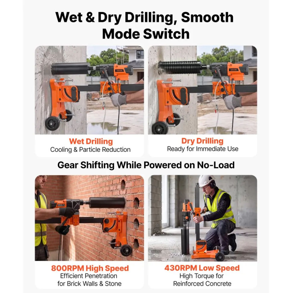 VEVOR Diamond Core Drilling Machine, 0.8-12 in Drilling Capacity, Dry/Wet Concrete Core Drill Rig with 12 Drill Bits, Tiltable Stand & Wheeled Base, 3200W 800RPM/430RPM, UNC1 1/4–7 Thread