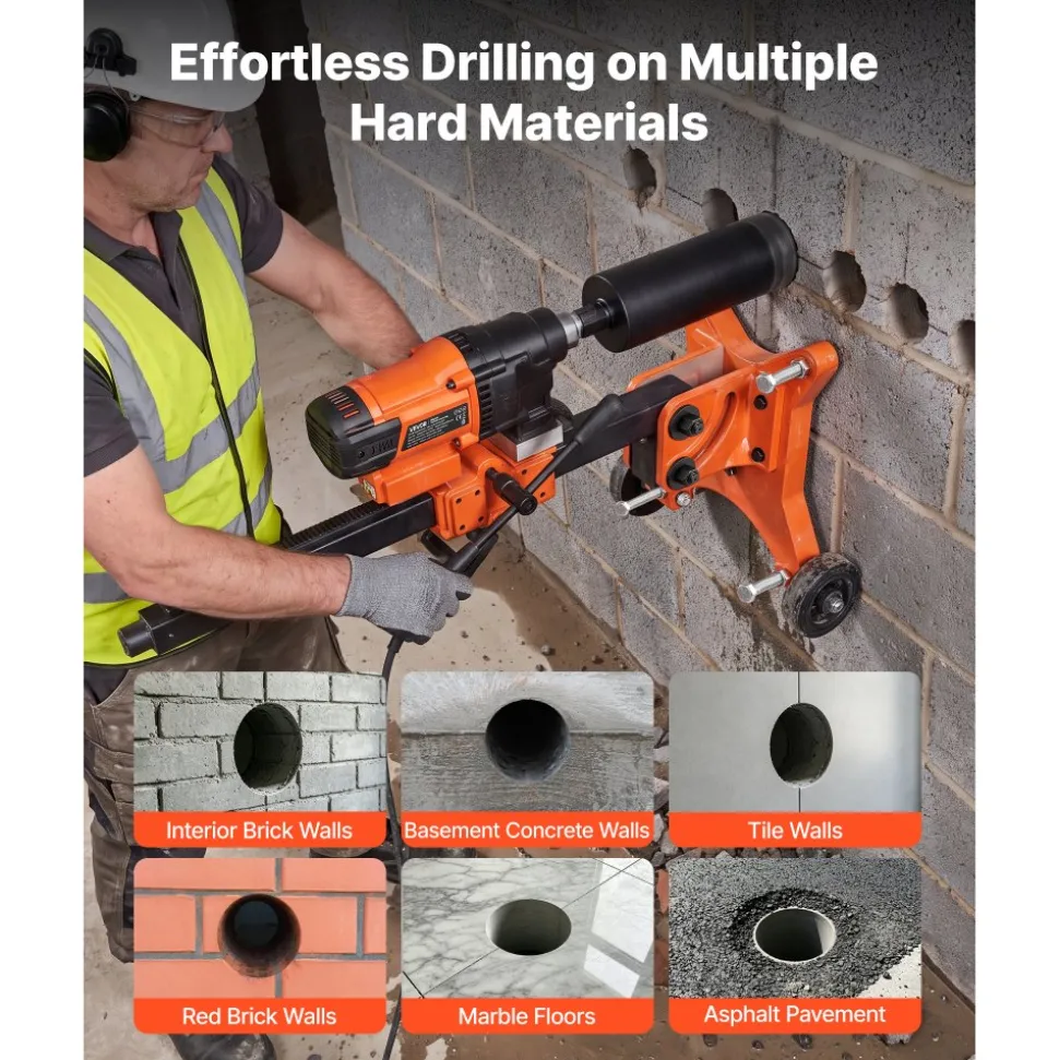 VEVOR Diamond Core Drilling Machine, 0.8-12 in Drilling Capacity, Dry/Wet Concrete Core Drill Rig with 12 Drill Bits, Tiltable Stand & Wheeled Base, 3200W 800RPM/430RPM, UNC1 1/4–7 Thread