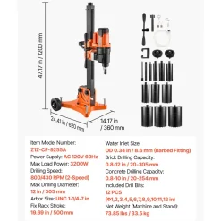 VEVOR Diamond Core Drilling Machine, 0.8-12 in Drilling Capacity, Dry/Wet Concrete Core Drill Rig with 12 Drill Bits, Tiltable Stand & Wheeled Base, 3200W 800RPM/430RPM, UNC1 1/4–7 Thread