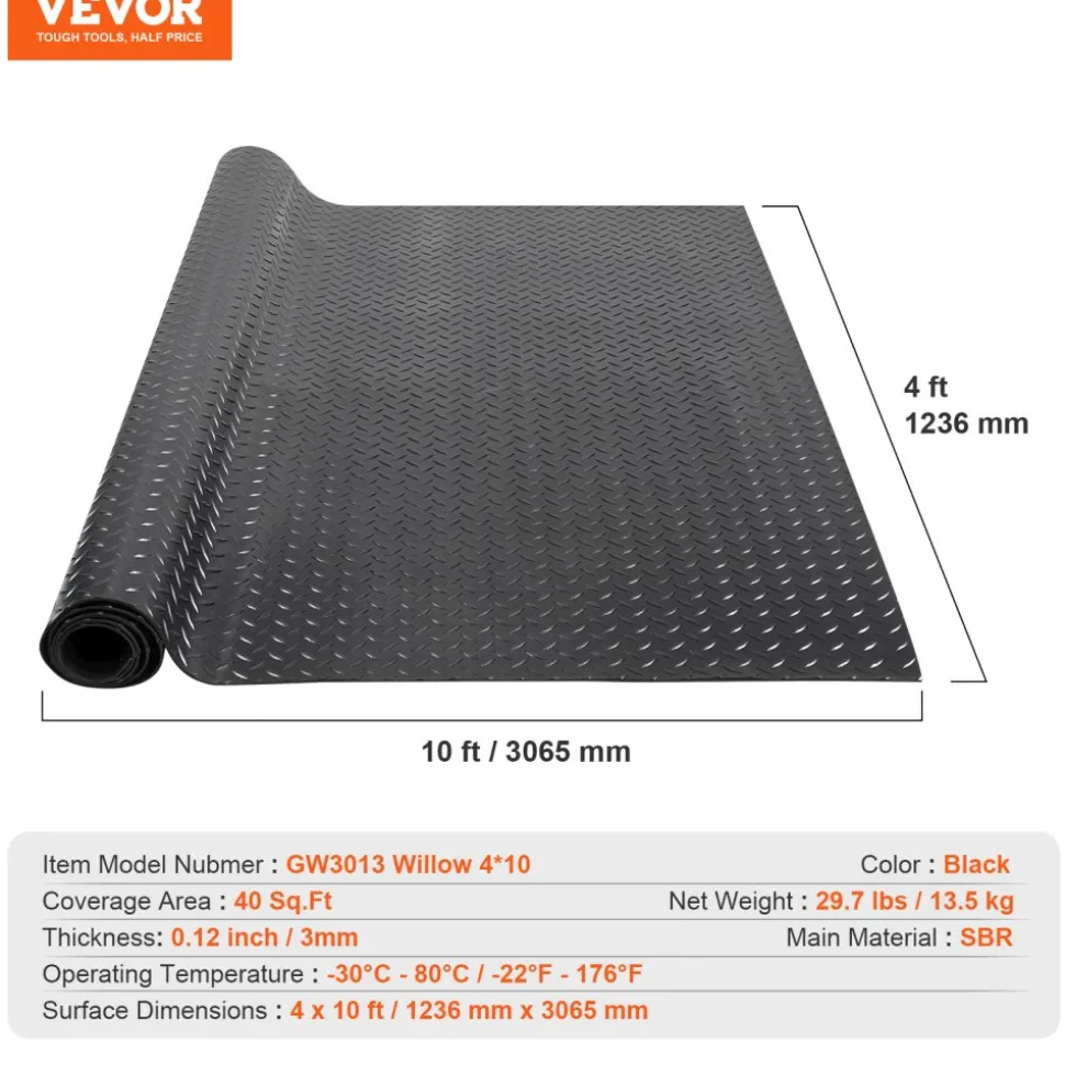 VEVOR Diamond-Plate Rubber Flooring Roll, 3 mm x 4 ft x 10 ft Garage Floor Mat, SBR Rubber Garage Flooring Roll, Easy to Clean, Diamond Plate Rubber Mat for Under Cars, Garage Industry Gym, Black