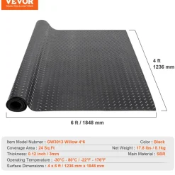 VEVOR Diamond-Plate Rubber Flooring Roll, 3 mm x 4 ft x 6 ft Garage Floor Mat, SBR Rubber Garage Flooring Roll, Easy to Clean, Diamond Plate Rubber Mat for Under Cars, Garage Industry Gym, Black