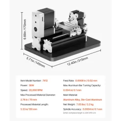 VEVOR Didactical Mini Metal Lathe Machine, 2.76 x 5.12 in, 36W Power Metal Lathe, 20,000 RPM Speed, with 3-jaw Chuck, Aluminum Alloy Handwheel, for Processing Precision Parts Soft Metals Wood Plastics