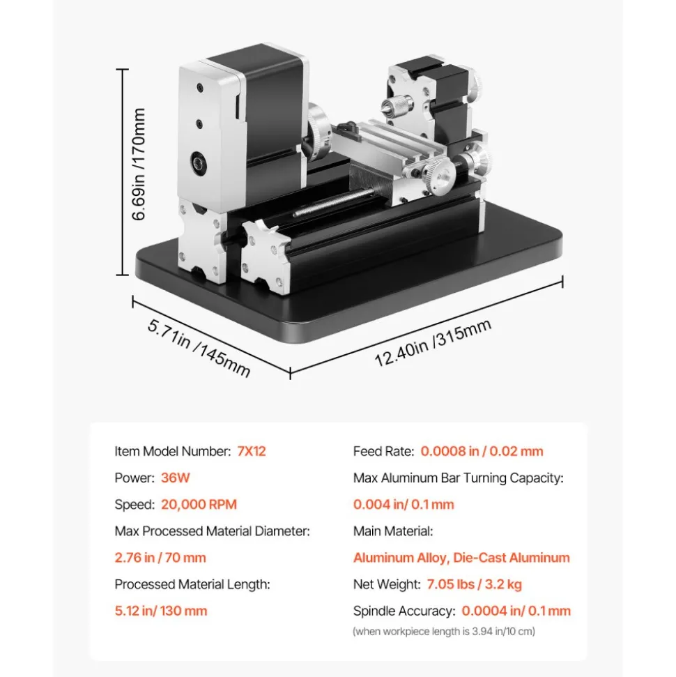 VEVOR Didactical Mini Metal Lathe Machine, 2.76 x 5.12 in, 36W Power Metal Lathe, 20,000 RPM Speed, with 3-jaw Chuck, Aluminum Alloy Handwheel, for Processing Precision Parts Soft Metals Wood Plastics