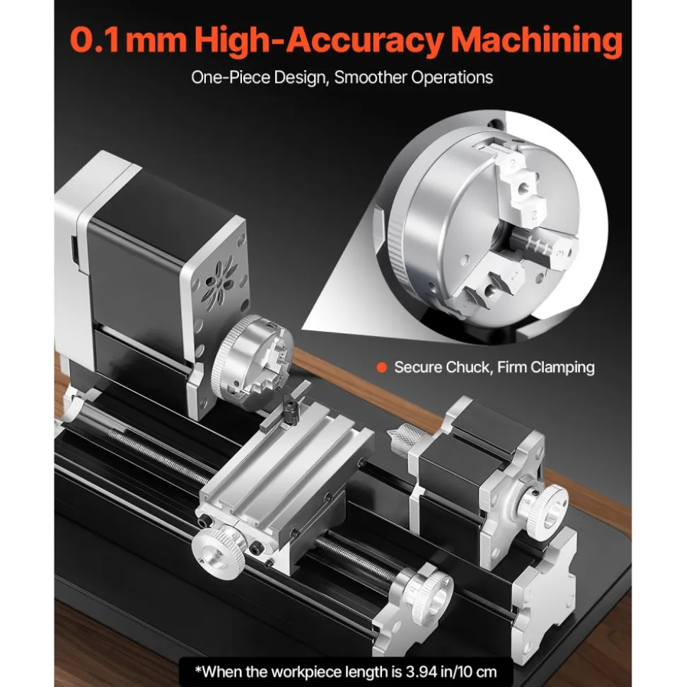VEVOR Didactical Mini Metal Lathe Machine, 2.76 x 5.12 in, 36W Power Metal Lathe, 20,000 RPM Speed, with 3-jaw Chuck, Aluminum Alloy Handwheel, for Processing Precision Parts Soft Metals Wood Plastics
