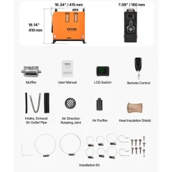 VEVOR Diesel Air Heater, 8 kW DC12-24V, Fast Heating Diesel Parking Heater with Remote Control and Color Digital Display, Low Noise, Voice Announcement, for RV, Truck, Camper, Van, Boat and Trailer