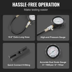 VEVOR Diesel Engine Compression Tester, 18 pcs Cylinder Pressure Test Tool Kit, with 0-1000 psi Gauge and Adapters, Diesel Injector Tester Check Cylinders in Diesel Trucks, Tractors, Equipment