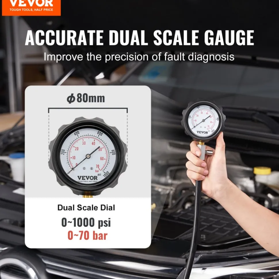 VEVOR Diesel Engine Compression Tester, 18 pcs Cylinder Pressure Test Tool Kit, with 0-1000 psi Gauge and Adapters, Diesel Injector Tester Check Cylinders in Diesel Trucks, Tractors, Equipment