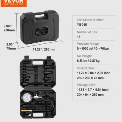 VEVOR Diesel Engine Compression Tester, 18 pcs Cylinder Pressure Test Tool Kit, with 0-1000 psi Gauge and Adapters, Diesel Injector Tester Check Cylinders in Diesel Trucks, Tractors, Equipment