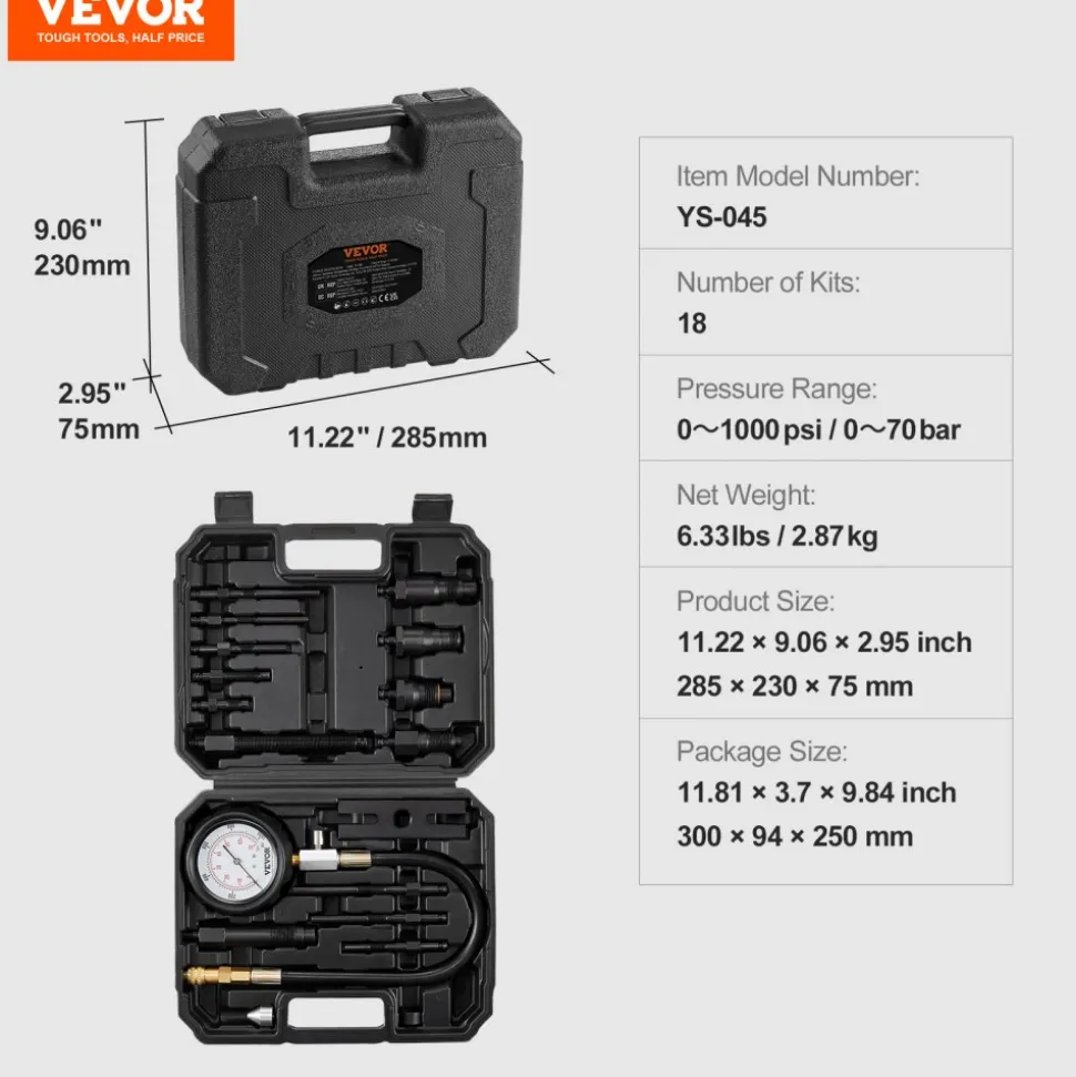VEVOR Diesel Engine Compression Tester, 18 pcs Cylinder Pressure Test Tool Kit, with 0-1000 psi Gauge and Adapters, Diesel Injector Tester Check Cylinders in Diesel Trucks, Tractors, Equipment