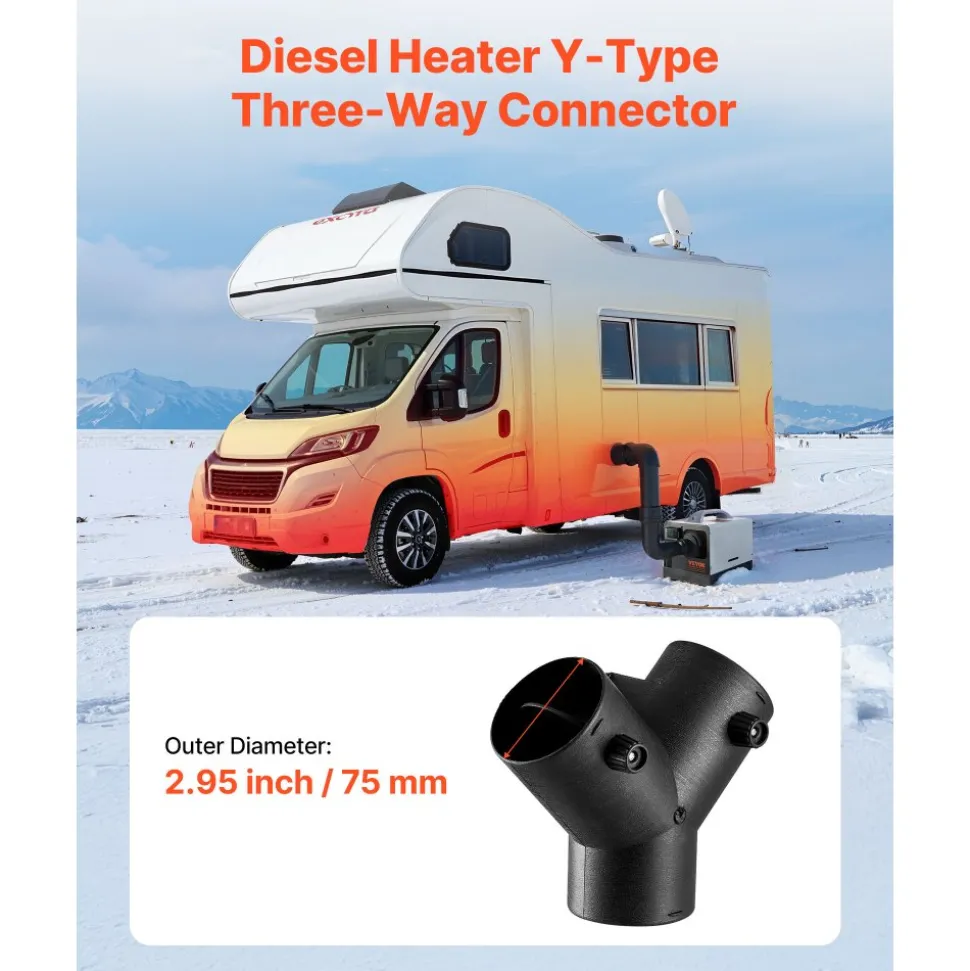 VEVOR Diesel Heater Connector, 3 inch Diesel Heater Duct Connector Accessories, 3-Way Y Branch Diesels Heaters Air Vent Duct with 2 90° Rotatable Valves, Black Joint Connectors for 2KW 5KW 8KW Heaters