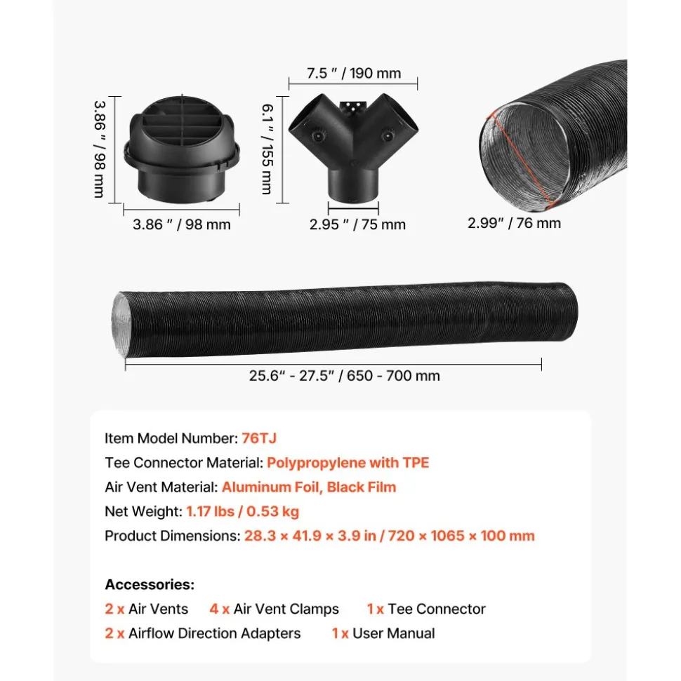 VEVOR Diesel Heater Pipe Duct Vent Kit, 3-inch Heater Pipe Warm Air Outlet Vent Set with Y-Shaped Connector & Air Duct Clamps, Parking Heaters Air Ducts Vent Kit for 5KW 8KW Diesel Heaters, Black