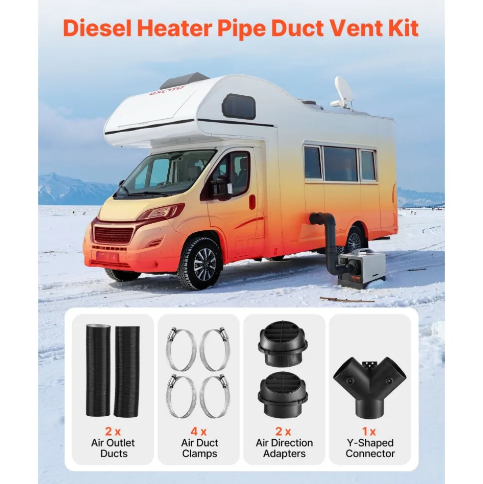 VEVOR Diesel Heater Pipe Duct Vent Kit, 3-inch Heater Pipe Warm Air Outlet Vent Set with Y-Shaped Connector & Air Duct Clamps, Parking Heaters Air Ducts Vent Kit for 5KW 8KW Diesel Heaters, Black