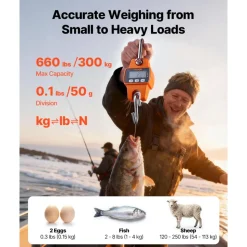 VEVOR Digital Crane Scale, 660 lbs/300 kg Max Capacity, Handheld Hanging Scale with Cast Aluminum Case & LCD Display, 0.1 lbs Division & 3 Unit Switch, Portable Design for Farm Hunting Fishing, Orange