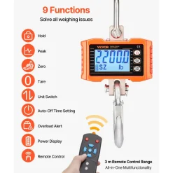 VEVOR Digital Crane Scale, 2200 lbs/1000 kg, Industrial Heavy Duty Hanging Scale with Remote Control, Cast Aluminum Case & LCD Screen, High Precision for Construction, Factory, Farm, Hunting (Orange)
