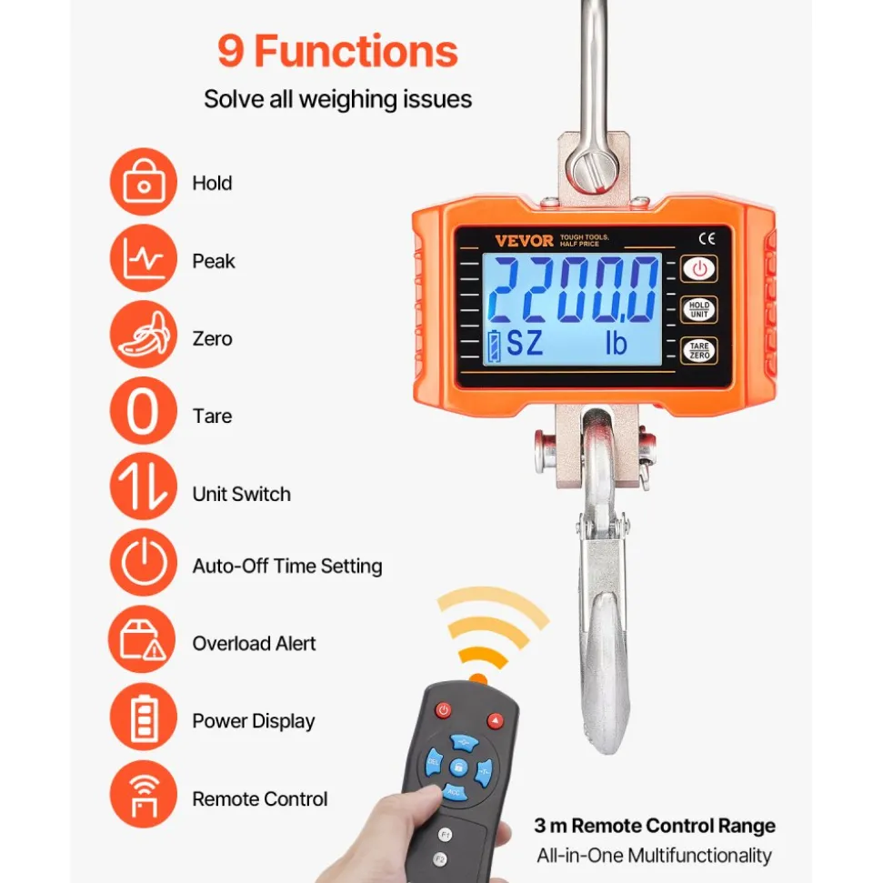 VEVOR Digital Crane Scale, 2200 lbs/1000 kg, Industrial Heavy Duty Hanging Scale with Remote Control, Cast Aluminum Case & LCD Screen, High Precision for Construction, Factory, Farm, Hunting (Orange)