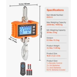VEVOR Digital Crane Scale, 2200 lbs/1000 kg, Industrial Heavy Duty Hanging Scale with Remote Control, Cast Aluminum Case & LCD Screen, High Precision for Construction, Factory, Farm, Hunting (Orange)