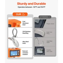VEVOR Digital Crane Scale, 2200 lbs/1000 kg, Industrial Heavy Duty Hanging Scale with Remote Control, Cast Aluminum Case & LCD Screen, High Precision for Construction, Factory, Farm, Hunting (Orange)