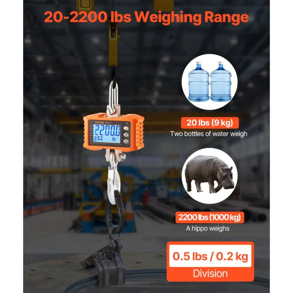 VEVOR Digital Crane Scale, 2200 lbs/1000 kg, Industrial Heavy Duty Hanging Scale with Remote Control, Cast Aluminum Case & LCD Screen, High Precision for Construction, Factory, Farm, Hunting (Orange)