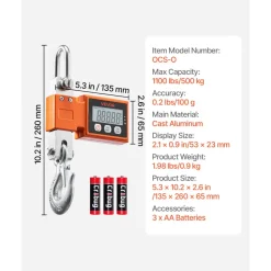 VEVOR Digital Crane Scale, 1100 lbs/500 kg Max Capacity, Heavy Duty Industrial Hanging Scale with Cast Aluminum Case & LCD Display, 0.2 lbs Division & 3 Unit Switch, Auto-Off Setting for Garage