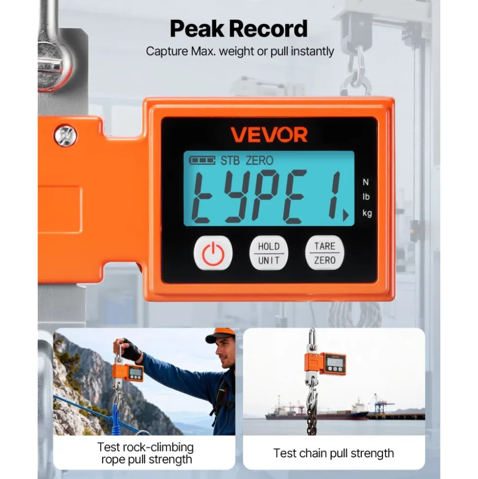 VEVOR Digital Crane Scale, 1100 lbs/500 kg Max Capacity, Heavy Duty Industrial Hanging Scale with Cast Aluminum Case & LCD Display, 0.2 lbs Division & 3 Unit Switch, Auto-Off Setting for Garage