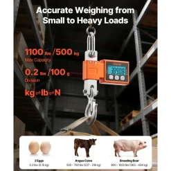 VEVOR Digital Crane Scale, 1100 lbs/500 kg Max Capacity, Heavy Duty Industrial Hanging Scale with Cast Aluminum Case & LCD Display, 0.2 lbs Division & 3 Unit Switch, Auto-Off Setting for Garage