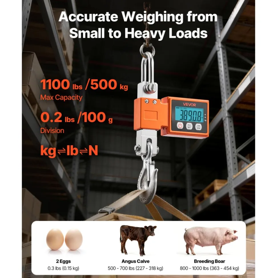 VEVOR Digital Crane Scale, 1100 lbs/500 kg Max Capacity, Heavy Duty Industrial Hanging Scale with Cast Aluminum Case & LCD Display, 0.2 lbs Division & 3 Unit Switch, Auto-Off Setting for Garage