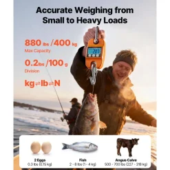 VEVOR Digital Crane Scale, 880 lbs/400 kg Max Capacity, Handheld Hanging Scale with Cast Aluminum Case & LCD Display, 0.2 lbs Division & 3 Unit Switch, Auto-Off Setting for Farm Hunting Fishing, Orange