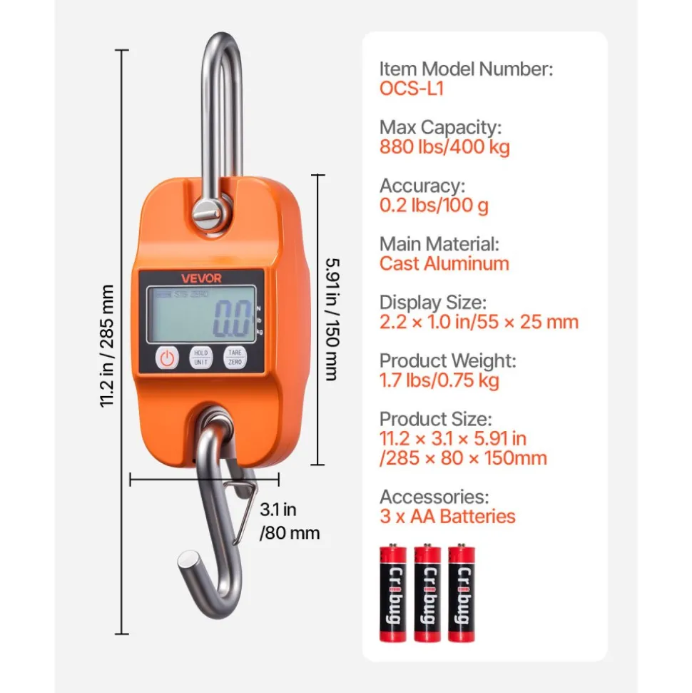 VEVOR Digital Crane Scale, 880 lbs/400 kg Max Capacity, Handheld Hanging Scale with Cast Aluminum Case & LCD Display, 0.2 lbs Division & 3 Unit Switch, Auto-Off Setting for Farm Hunting Fishing, Orange