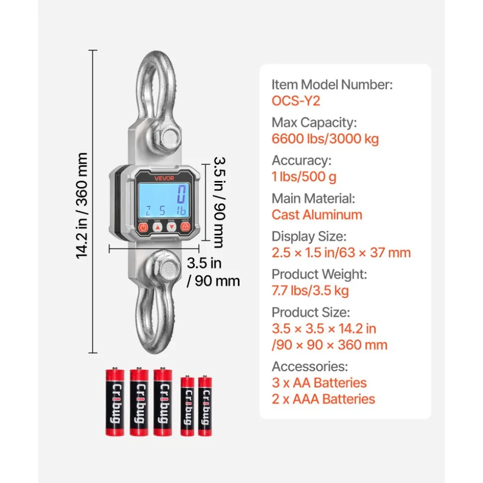 VEVOR Digital Crane Scale, 6600 lbs/3000 kg Max Capacity, Heavy Duty Industrial Hanging Scale with Cast Aluminum Case & LCD Display, 1 lbs Division & 3 Unit Switch, Remote Control for Garage Factory