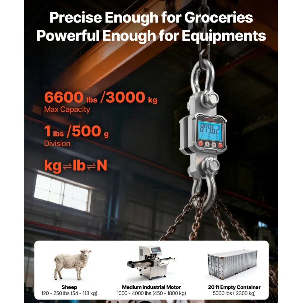 VEVOR Digital Crane Scale, 6600 lbs/3000 kg Max Capacity, Heavy Duty Industrial Hanging Scale with Cast Aluminum Case & LCD Display, 1 lbs Division & 3 Unit Switch, Remote Control for Garage Factory