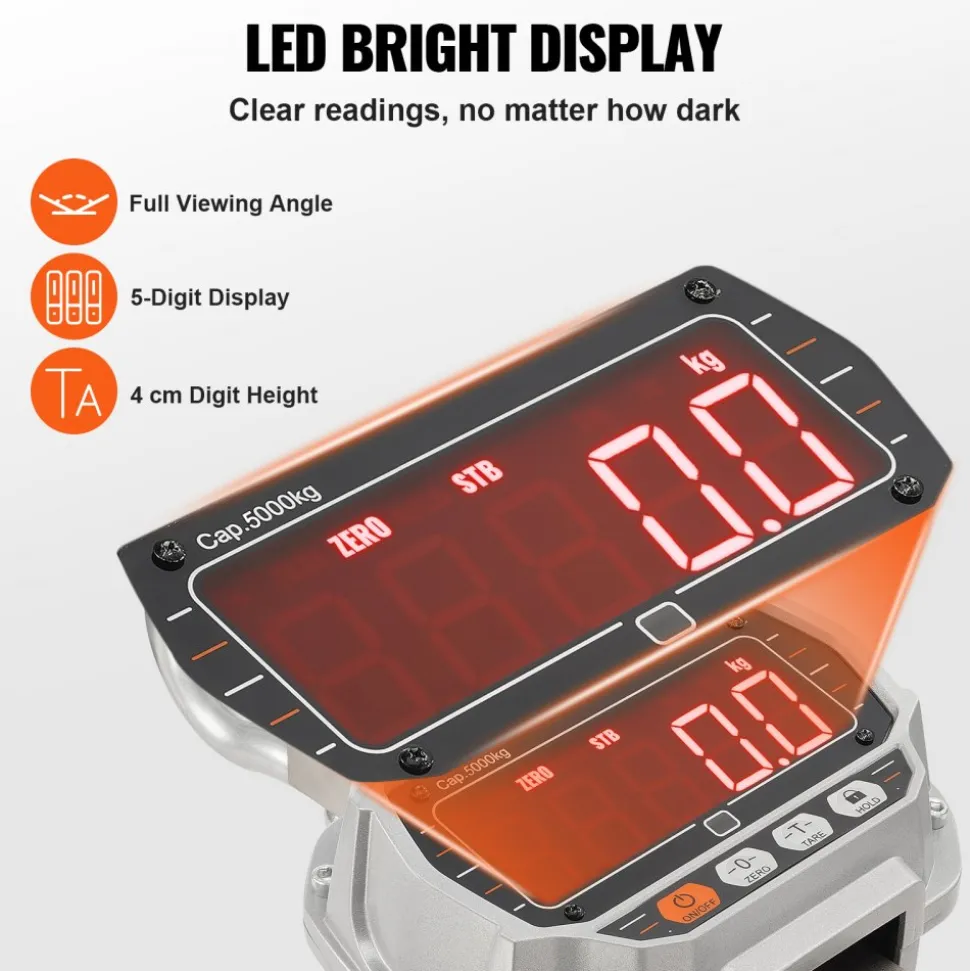 VEVOR Digital Crane Scale, 11000 lbs/5000 kg, Industrial Heavy Duty Hanging Scale with Remote Control, Cast Aluminum Case & LED Screen, High Precision for Construction, Factory, Farm, Hunting (Silver)