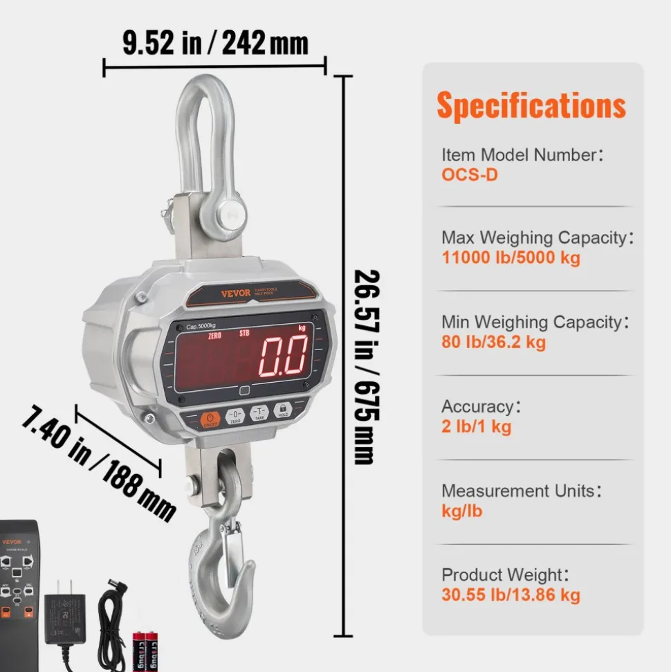 VEVOR Digital Crane Scale, 11000 lbs/5000 kg, Industrial Heavy Duty Hanging Scale with Remote Control, Cast Aluminum Case & LED Screen, High Precision for Construction, Factory, Farm, Hunting (Silver)