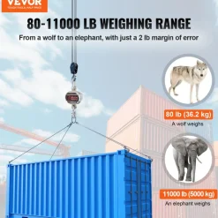 VEVOR Digital Crane Scale, 11000 lbs/5000 kg, Industrial Heavy Duty Hanging Scale with Remote Control, Cast Aluminum Case & LED Screen, High Precision for Construction, Factory, Farm, Hunting (Silver)