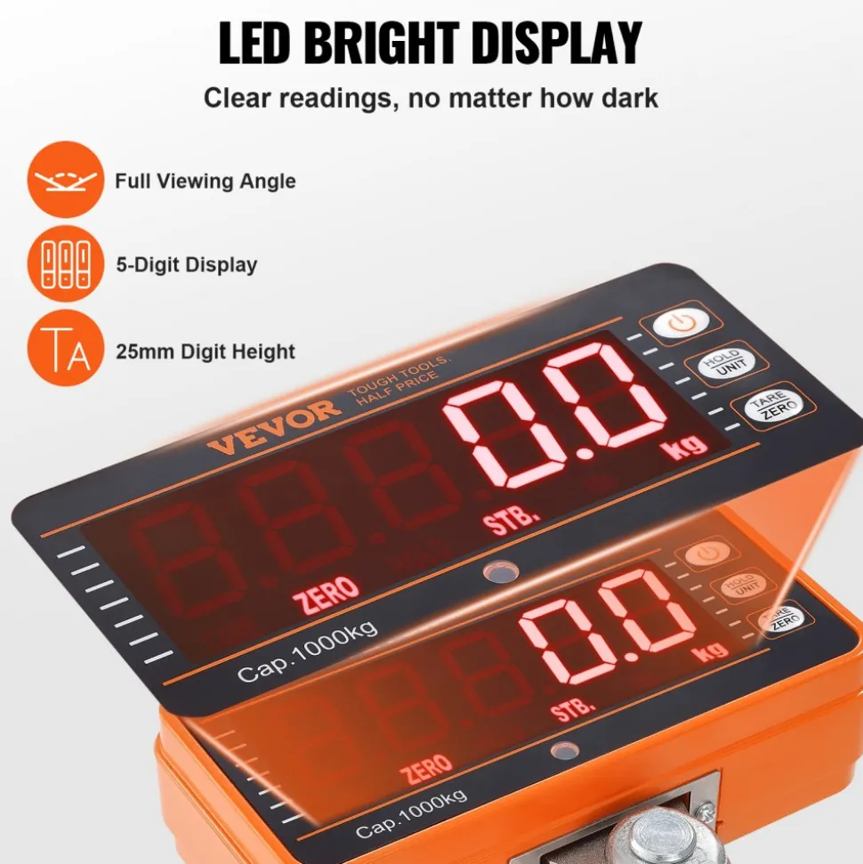 VEVOR Digital Crane Scale, 2200 lbs/1000 kg, Industrial Heavy Duty Hanging Scale with Remote Control, Cast Aluminum Case & LED Screen, High Precision for Construction, Factory, Farm, Hunting (Orange)
