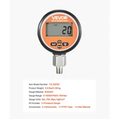 VEVOR Digital Hydraulic Pressure Gauge, 0-10000 PSI (0-700 Bar) Hydraulic Pressure Sensor, Manometer Tester with 1/4 inch NPT Base Entry for Excavator Construction Machinery, Stainless Steel Housing