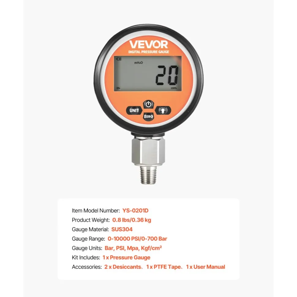 VEVOR Digital Hydraulic Pressure Gauge, 0-10000 PSI (0-700 Bar) Hydraulic Pressure Sensor, Manometer Tester with 1/4 inch NPT Base Entry for Excavator Construction Machinery, Stainless Steel Housing